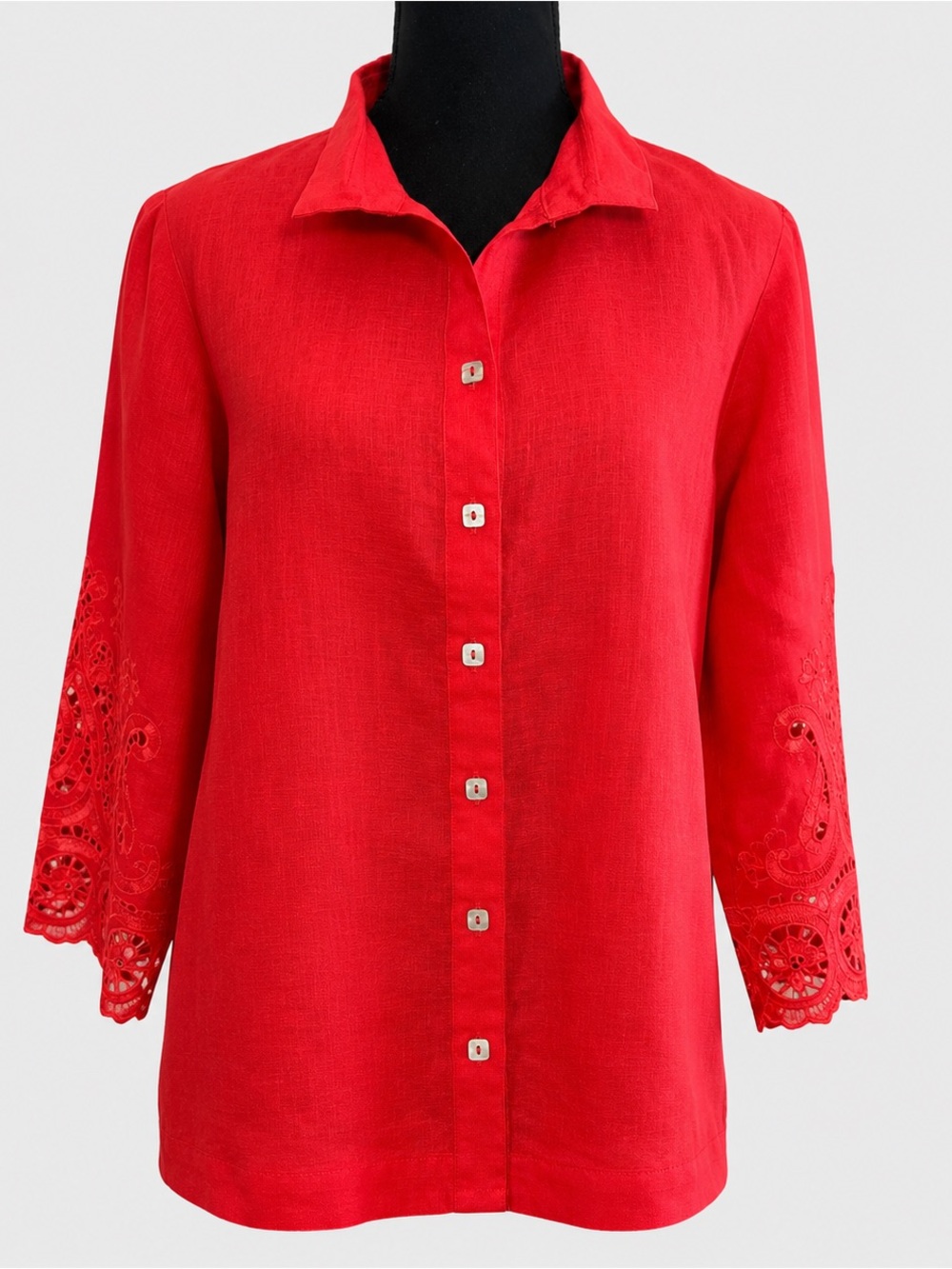 John Mark 100% Linen Wired Collar Eyelet Embroidered Melon Red Top S Boho Resort